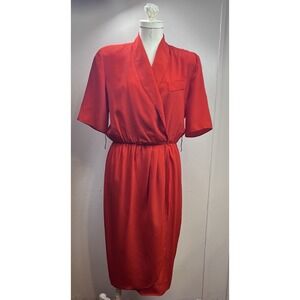Vintage Red Dress Short‎ Sleeve Faux Wrap Style Career Wear Dress No Belt Size 8